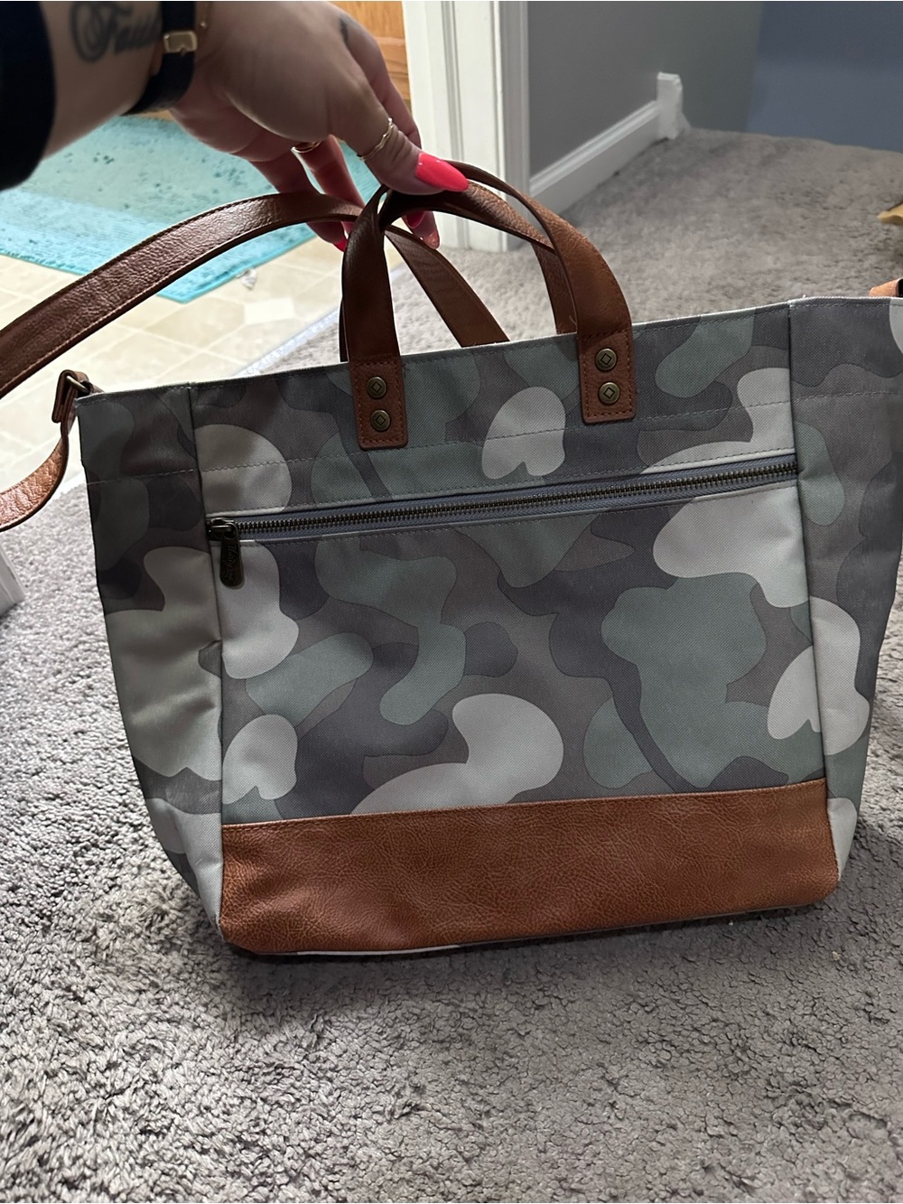 thirty-one Camo Tote with Brown Trim